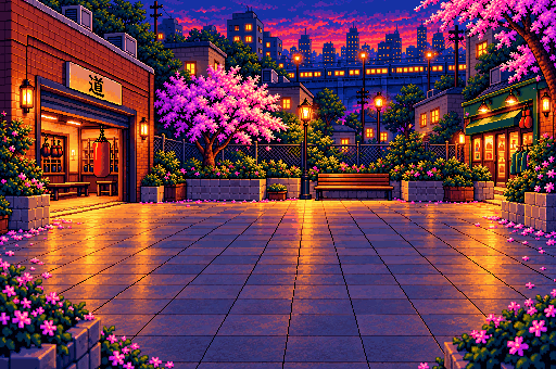 The Street Roots courtyard at dusk: a corner dojo, blossom trees and wet paving under the street lamps.